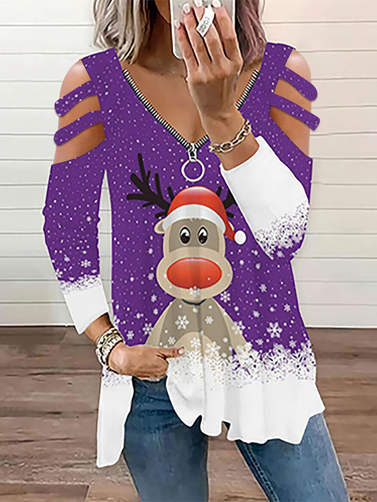 Christmas Plus Size Long Sleeves Elk Print Top