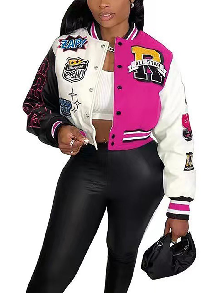 Colorblock Letter Print Baseball Jacket