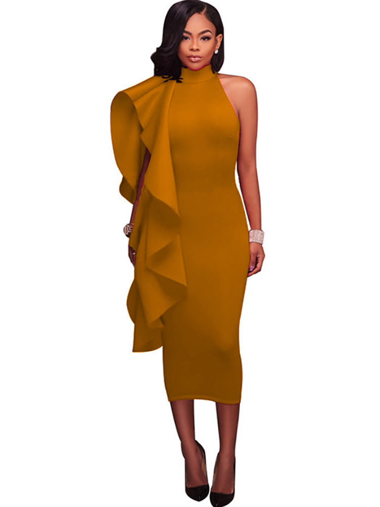 Mock Neck Sleeveless Ruffle Midi Dress