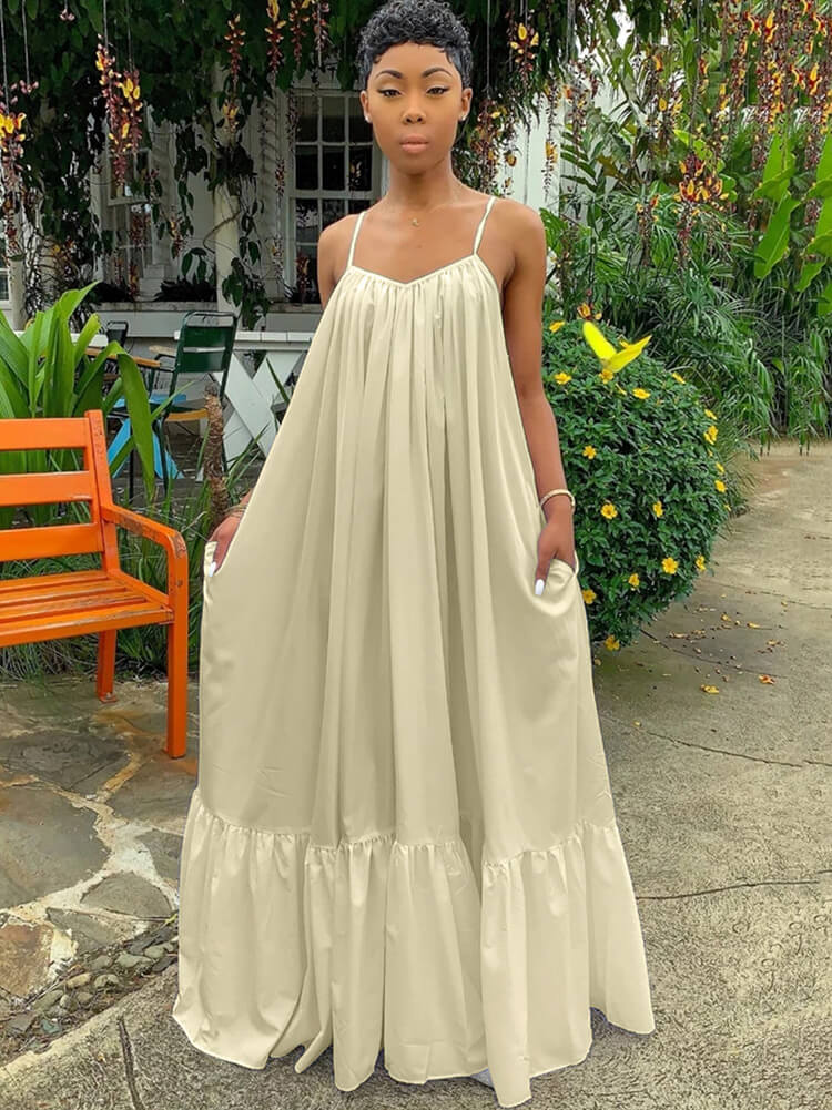 Plus Size Spaghetti Strap Ruffle Beach Maxi Swing Dress