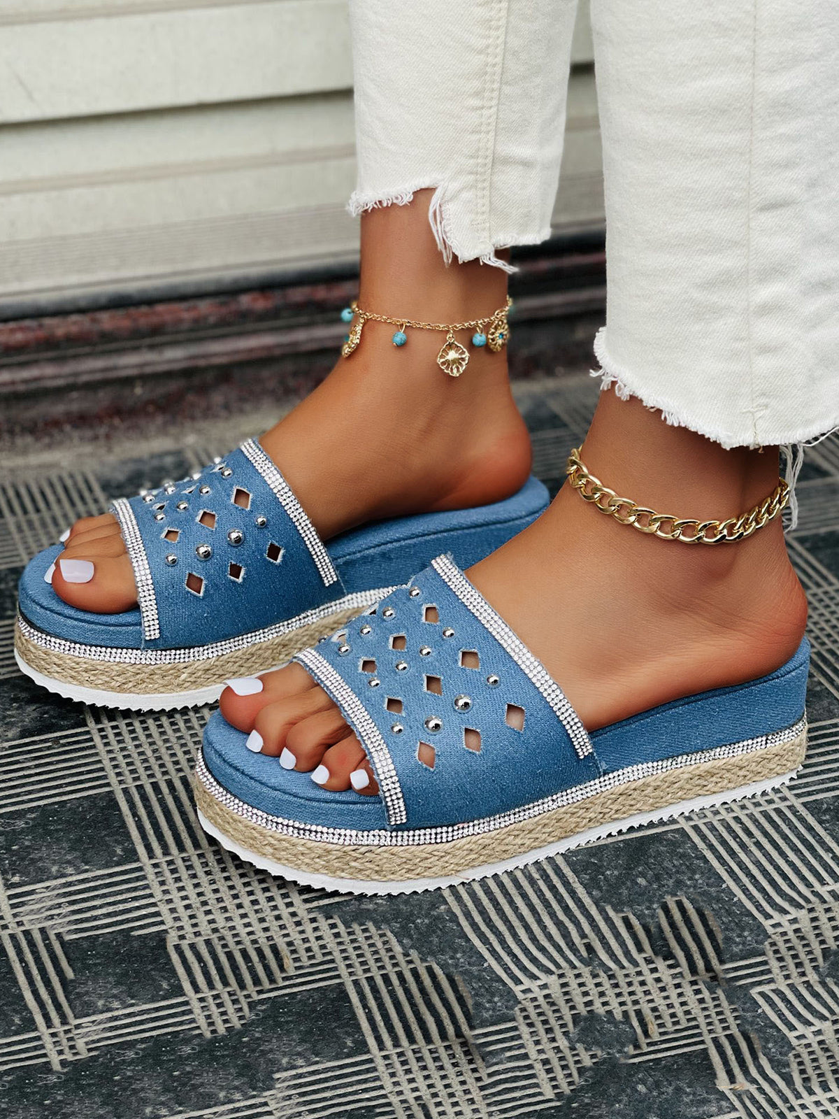 Beaded Denim Platform Slide