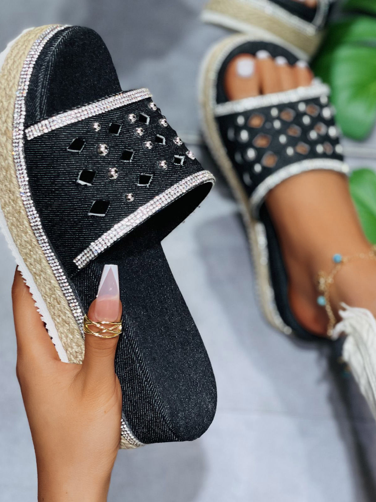 Beaded Denim Platform Slide