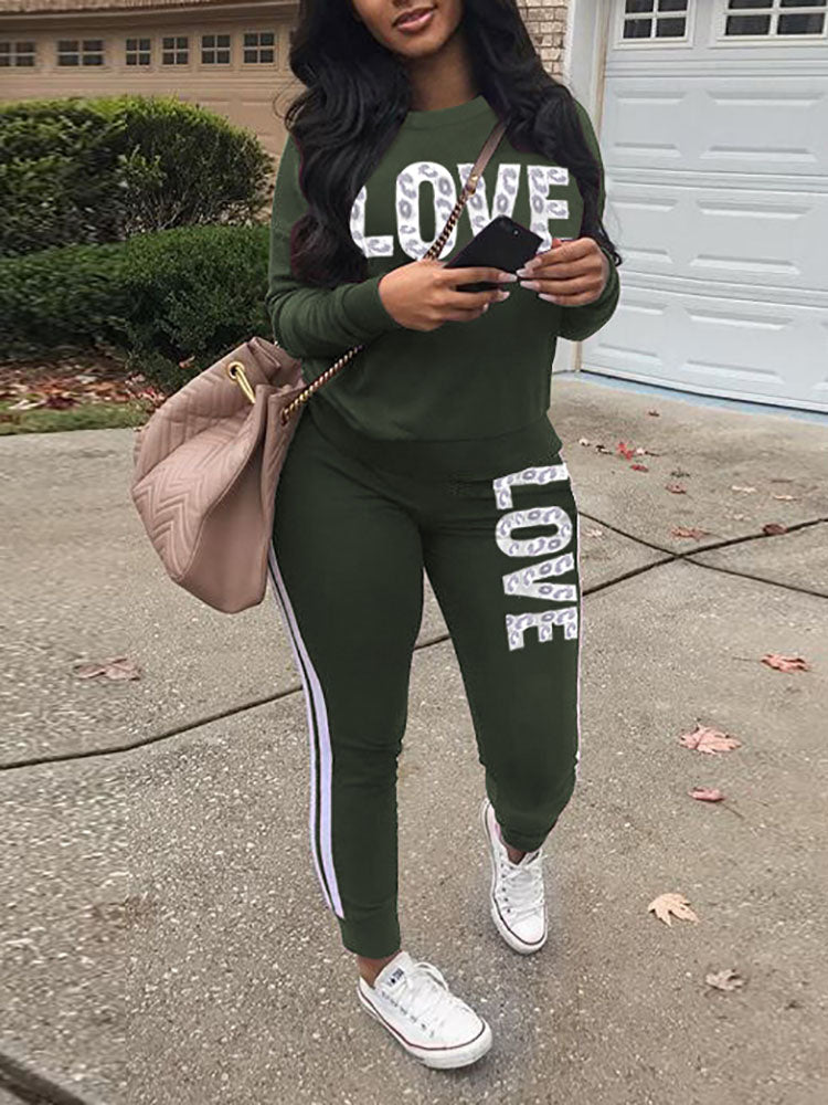 Two-Piece Casual Letter Leopard Print Pants Set