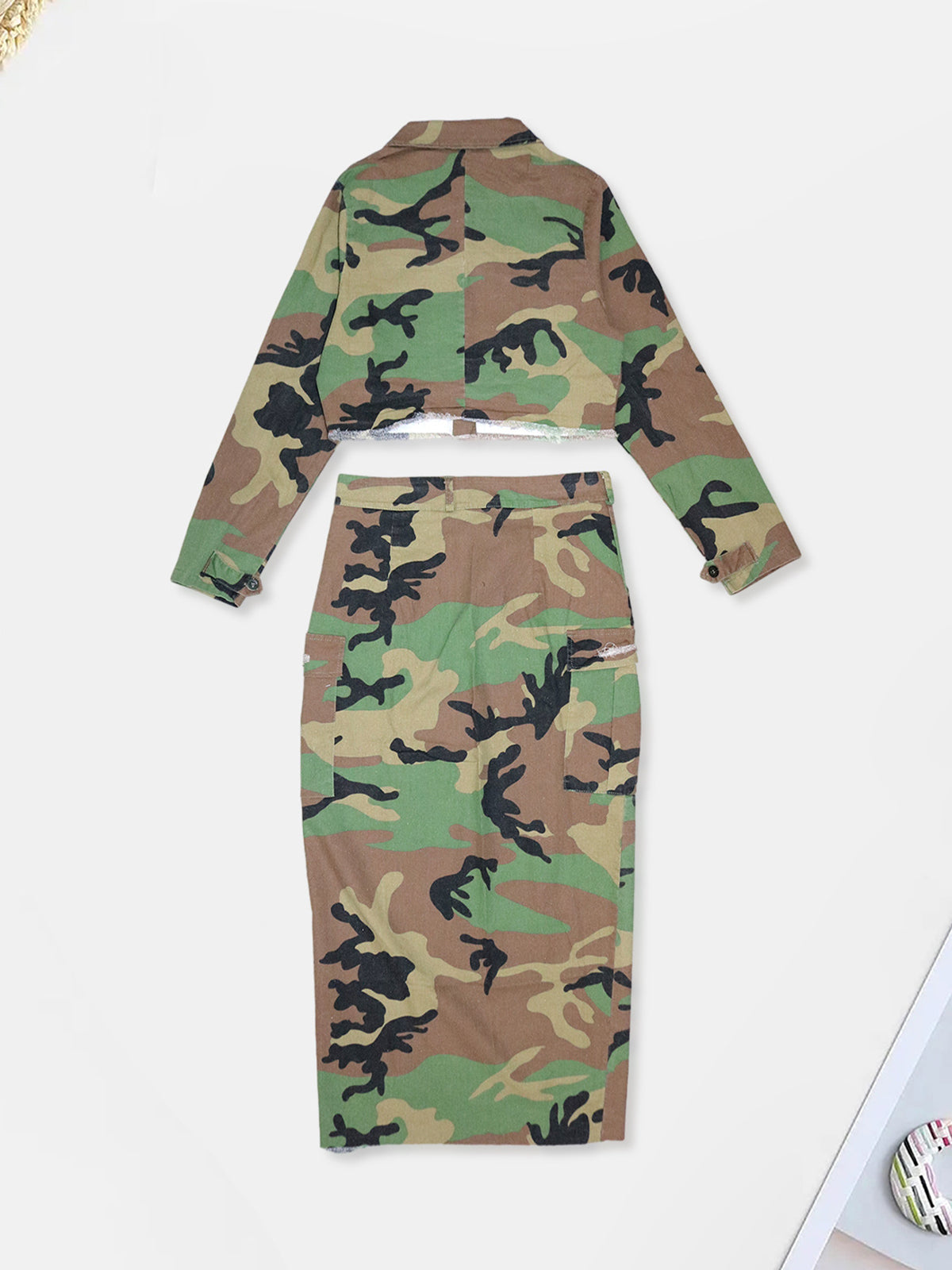 Two-Piece Camouflage Print Long Sleeve Midi Skirt Set