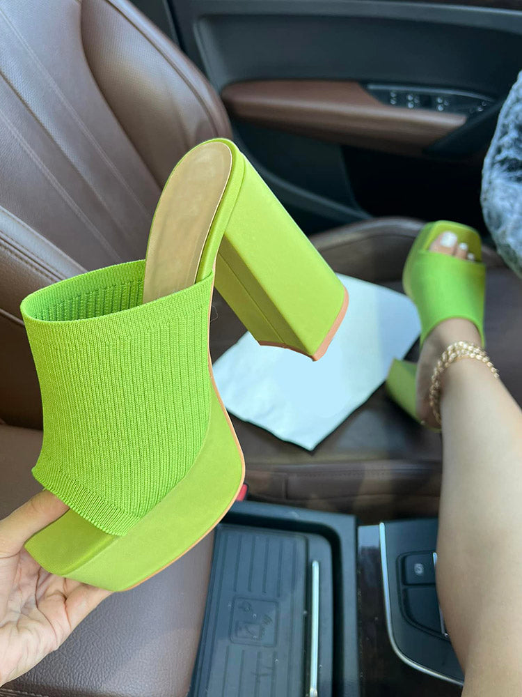 Peep-Toe Knit Platform Heels Slides