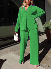 Pleated Two Piece Button Down Shirts Pants