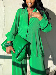 Pleated Two Piece Button Down Shirts Pants
