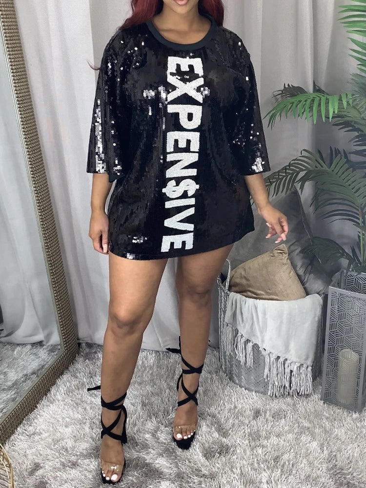 Letter Print Sequins Mesh Mini Dress