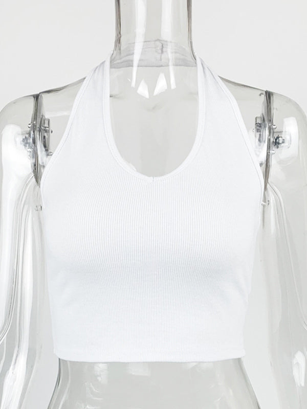 Solid Color Halter Neck Crop Top