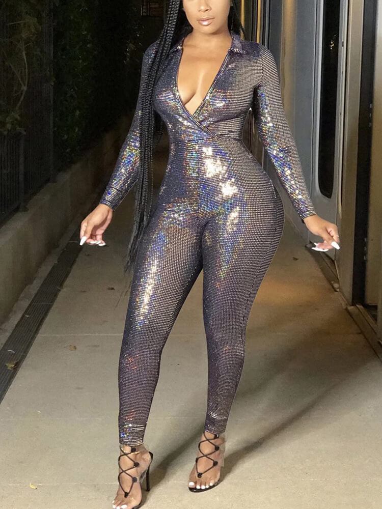 Sparkly Long Sleeve High Waisted Jumpsuit