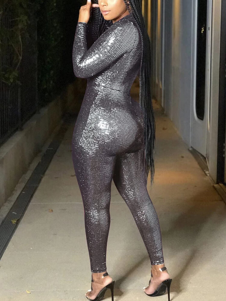 Sparkly Long Sleeve High Waisted Jumpsuit