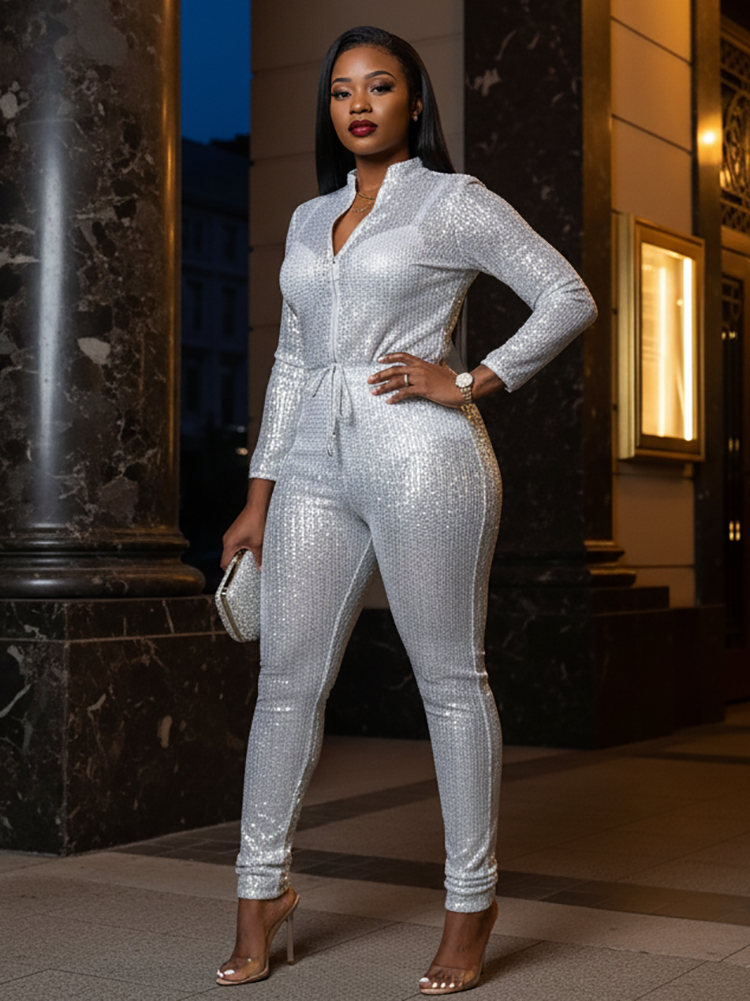 Glitzernder Jumpsuit mit langen Ärmeln und Gürtel 