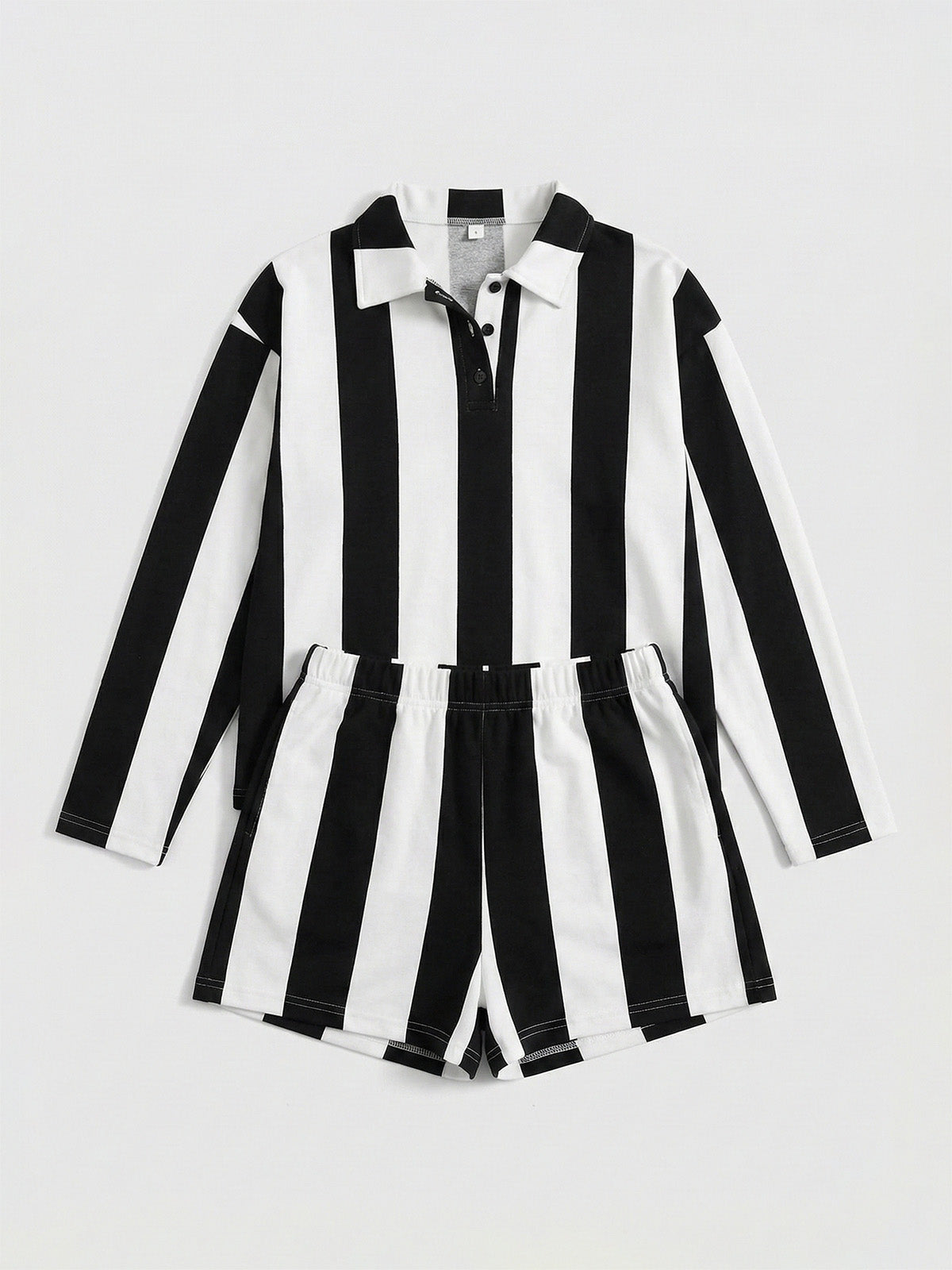 Striped Polo Crop Top Shorts Set