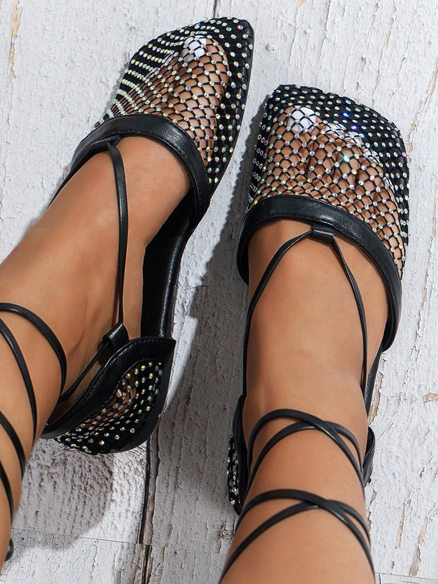 Hollow Out Rhinestone Crossed Straps Flat Sandal