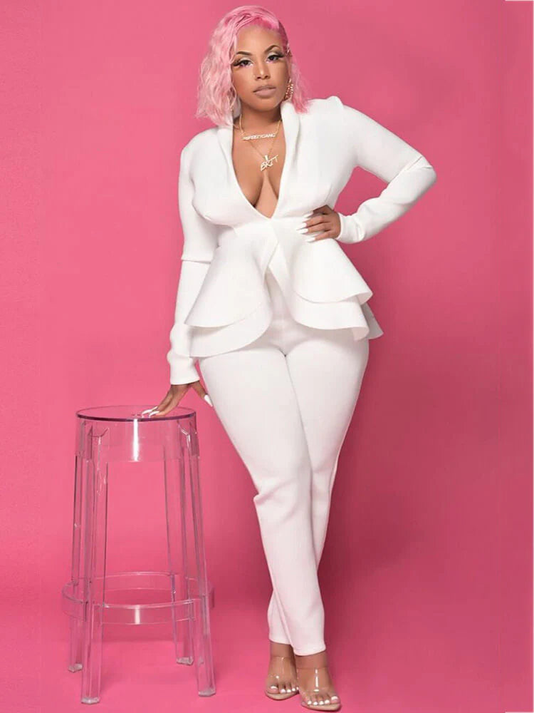 Two Piece Ruffle Blazer Bodycon Long Pants