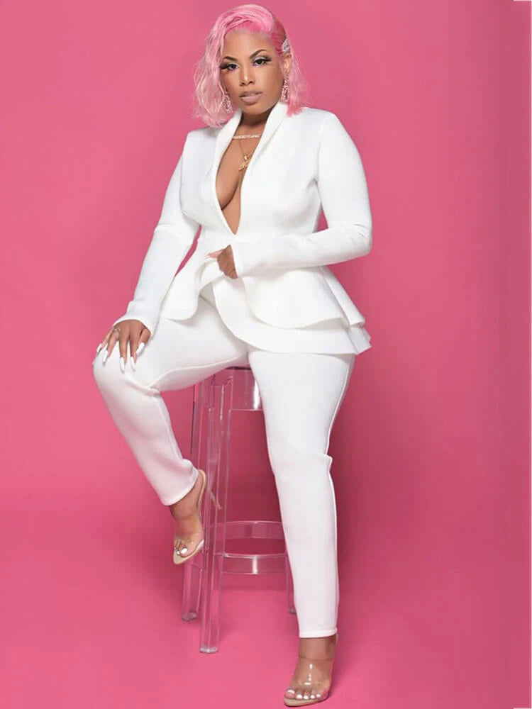 Two Piece Ruffle Blazer Bodycon Long Pants