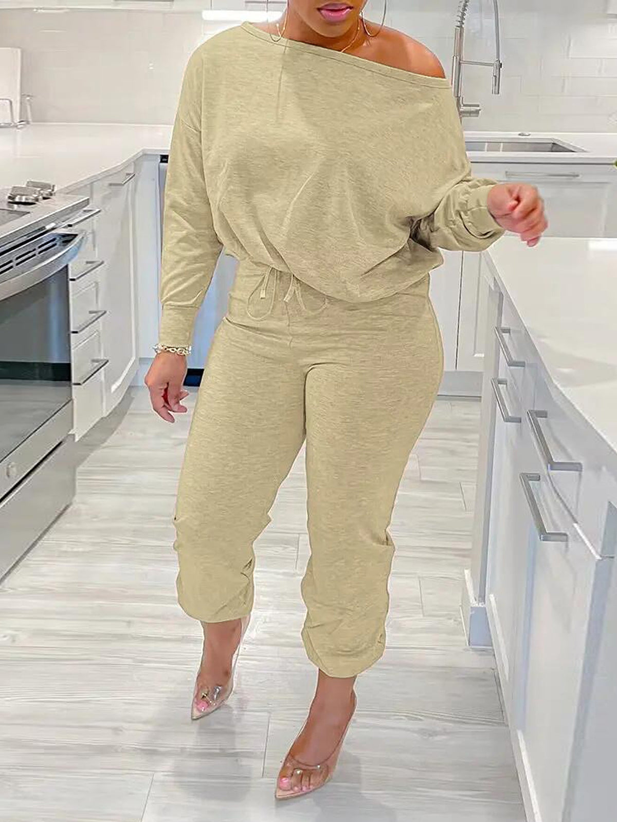 Two-Piece Solid Color Off-Shoulder Sweatshirt Set