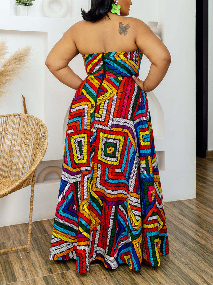 Colorful Print Halter Neck Backless Maxi Dress