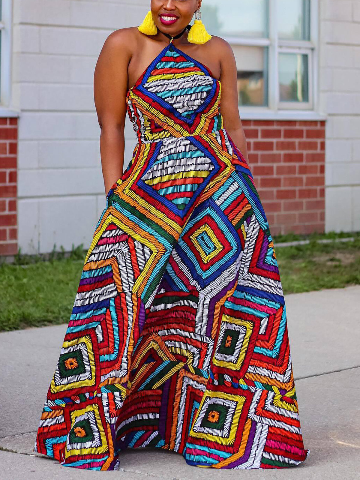 Colorful Print Halter Neck Backless Maxi Dress