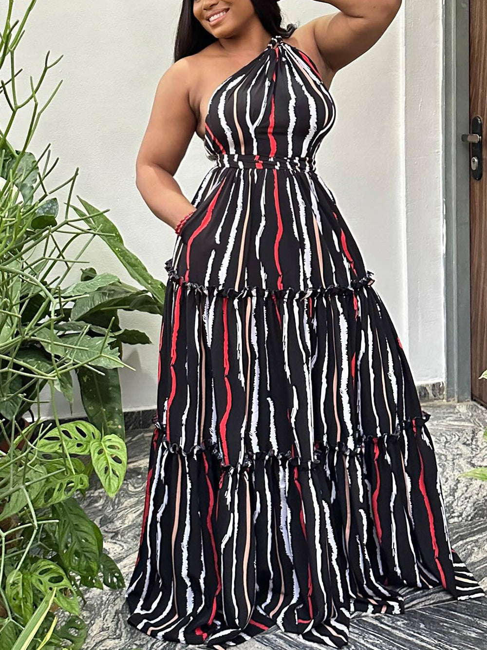 One-Shoulder Striped  Backless Maxi Dress