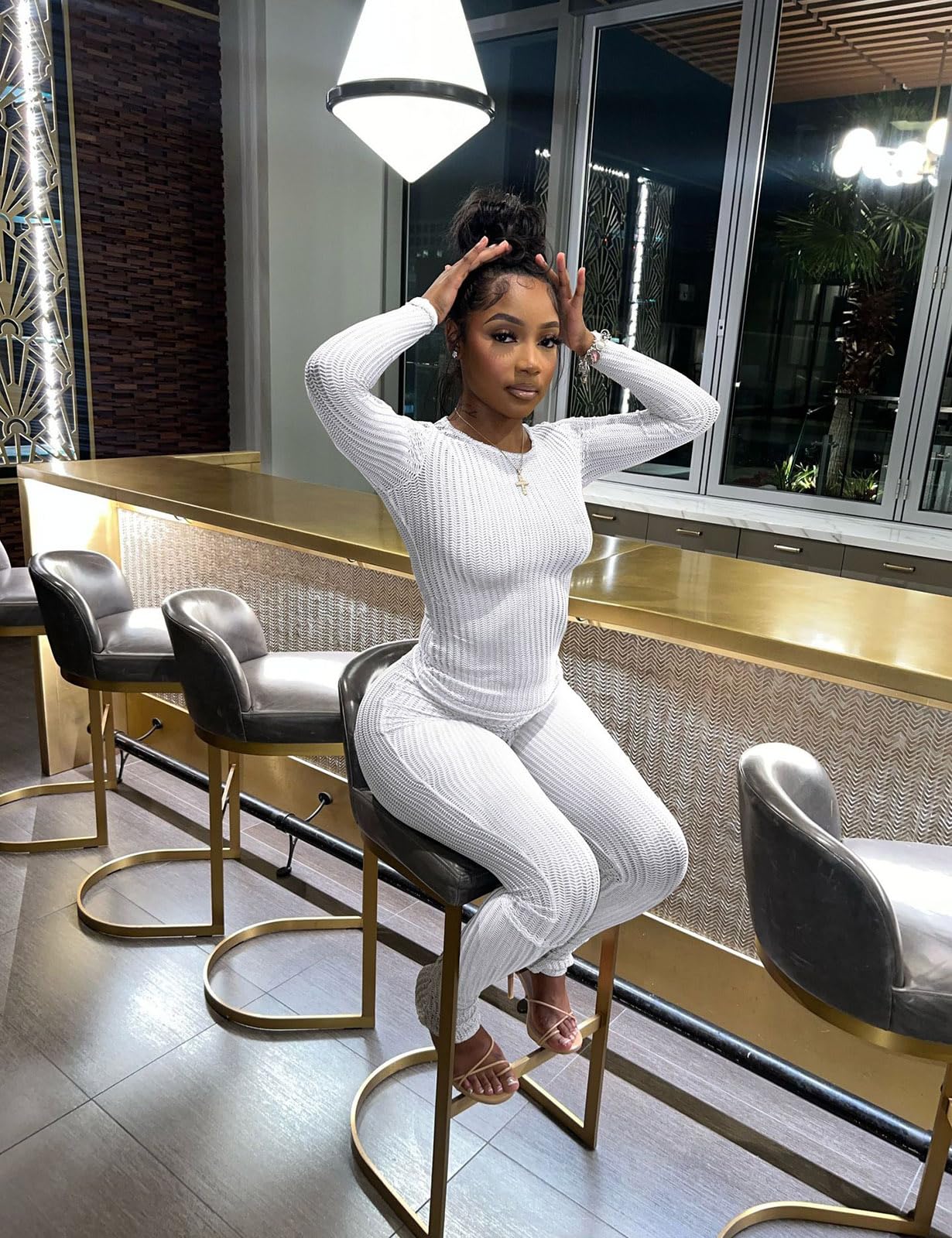 Two Piece Mesh Long Sleeve Crop Top Pants