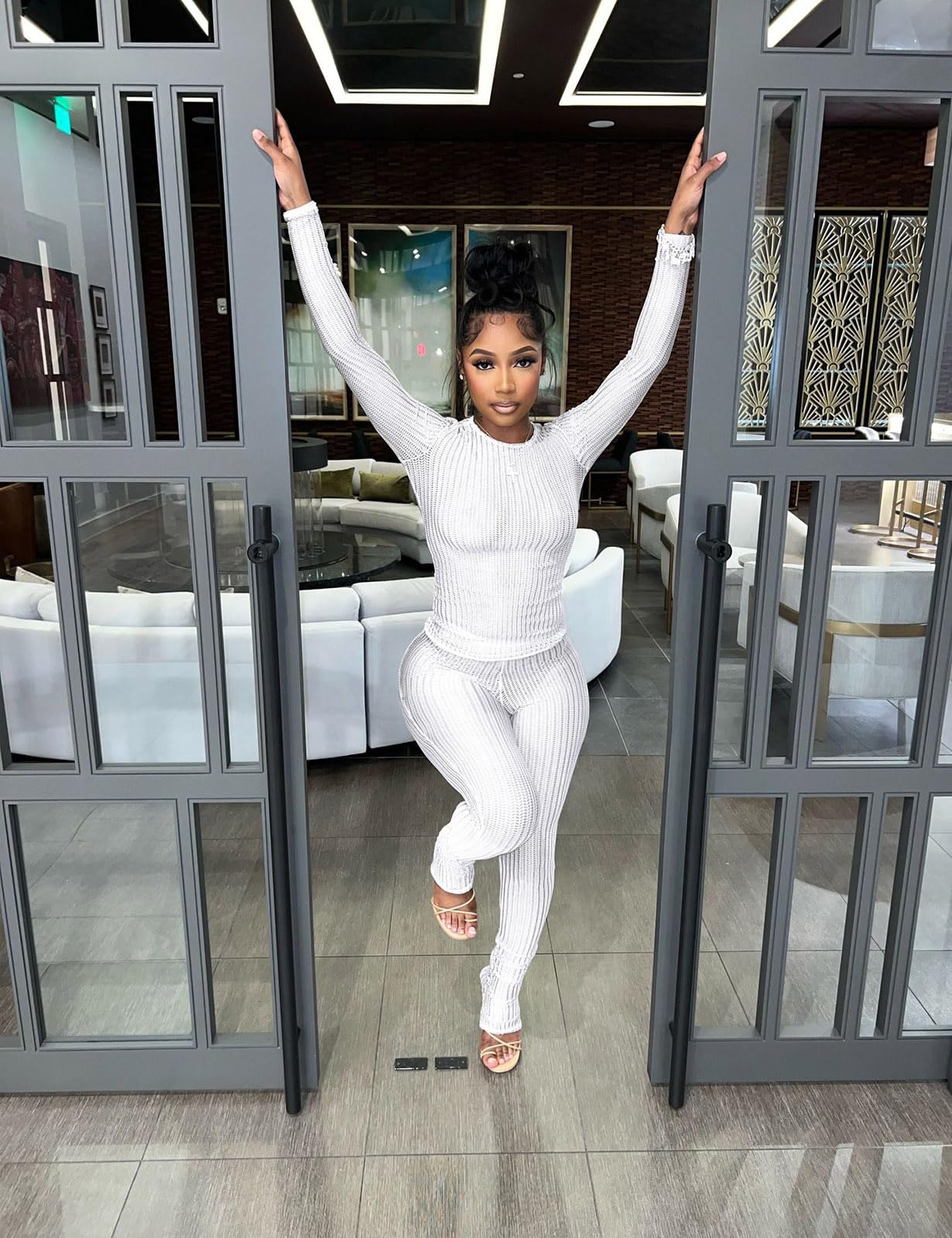 Two Piece Mesh Long Sleeve Crop Top Pants