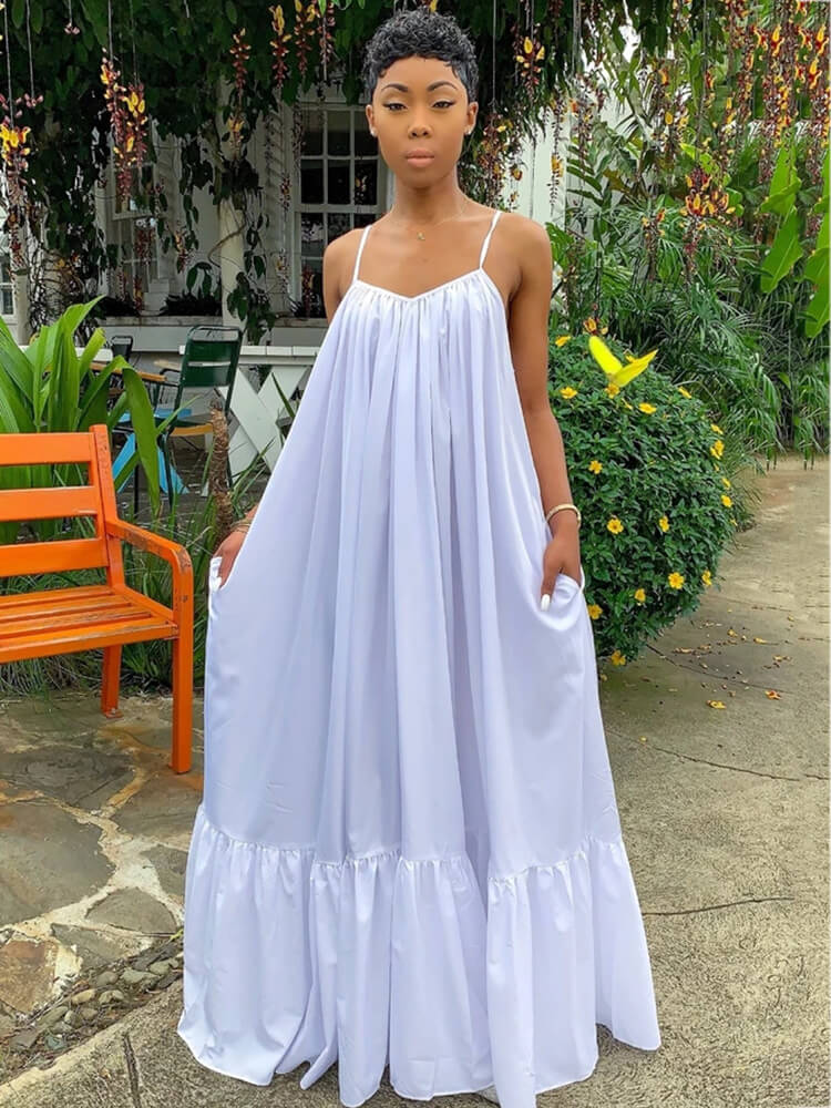 Plus Size Spaghetti Strap Ruffle Beach Maxi Swing Dress