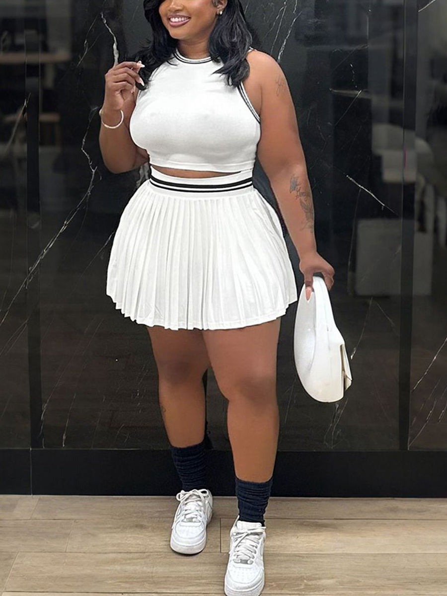 Sleeveless Crop Top Pleated Skirt Set