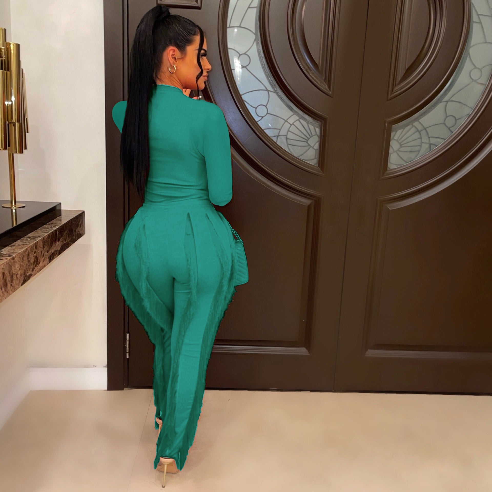 Two Piece Round Neck Top Tassel Pants Set