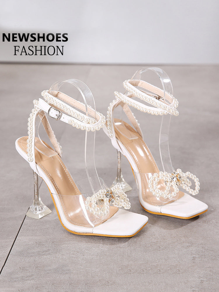 Pearl Rhinestone Bow Tie Heel Sandal