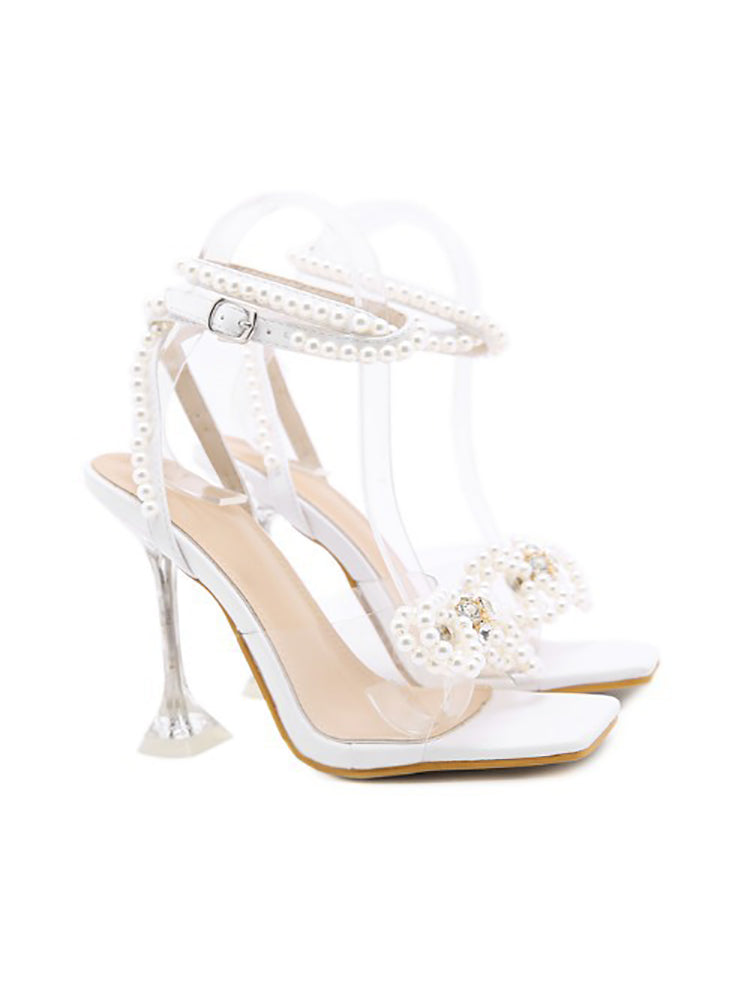 Pearl Rhinestone Bow Tie Heel Sandal