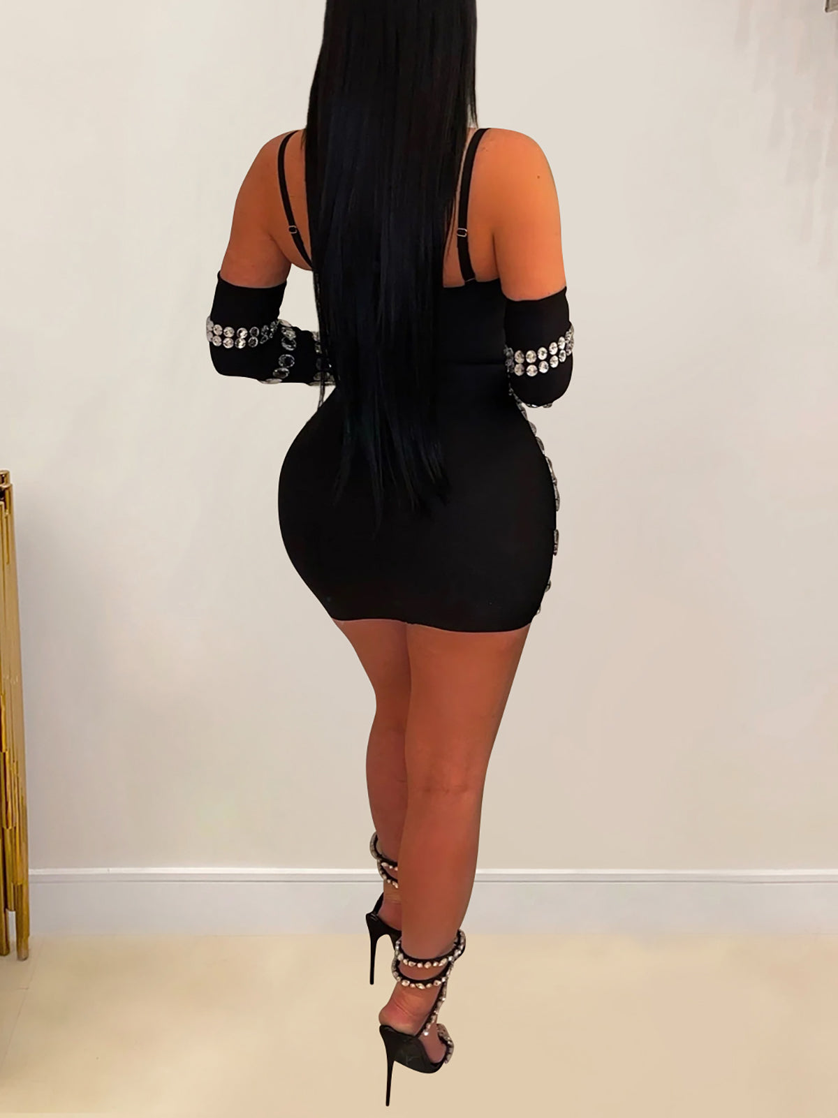 Rhinestone Spaghetti Strap Dress with Gloves