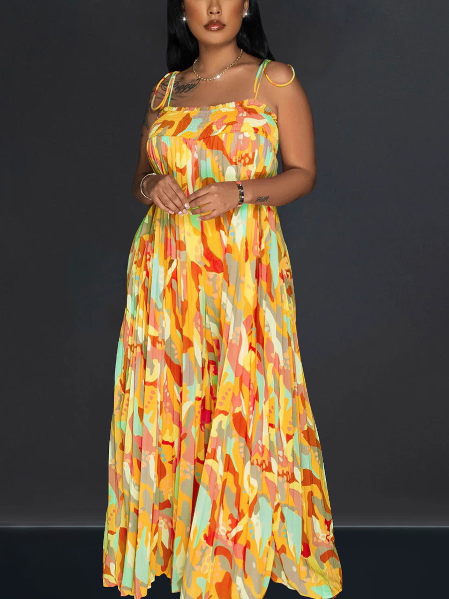 Strap Pleated Wide Leg Printed Jumpsuit