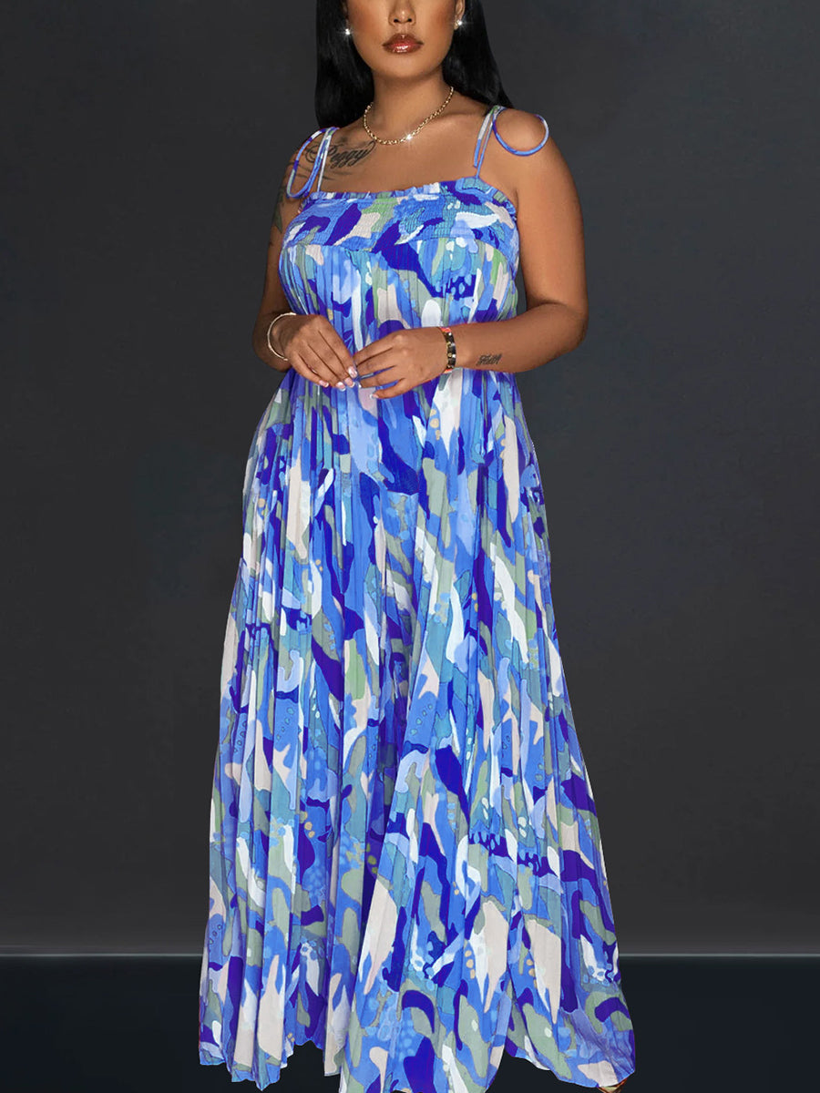 Strap Pleated Wide Leg Printed Jumpsuit