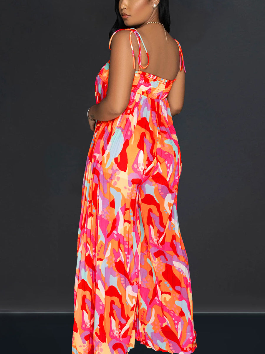 Strap Pleated Wide Leg Printed Jumpsuit