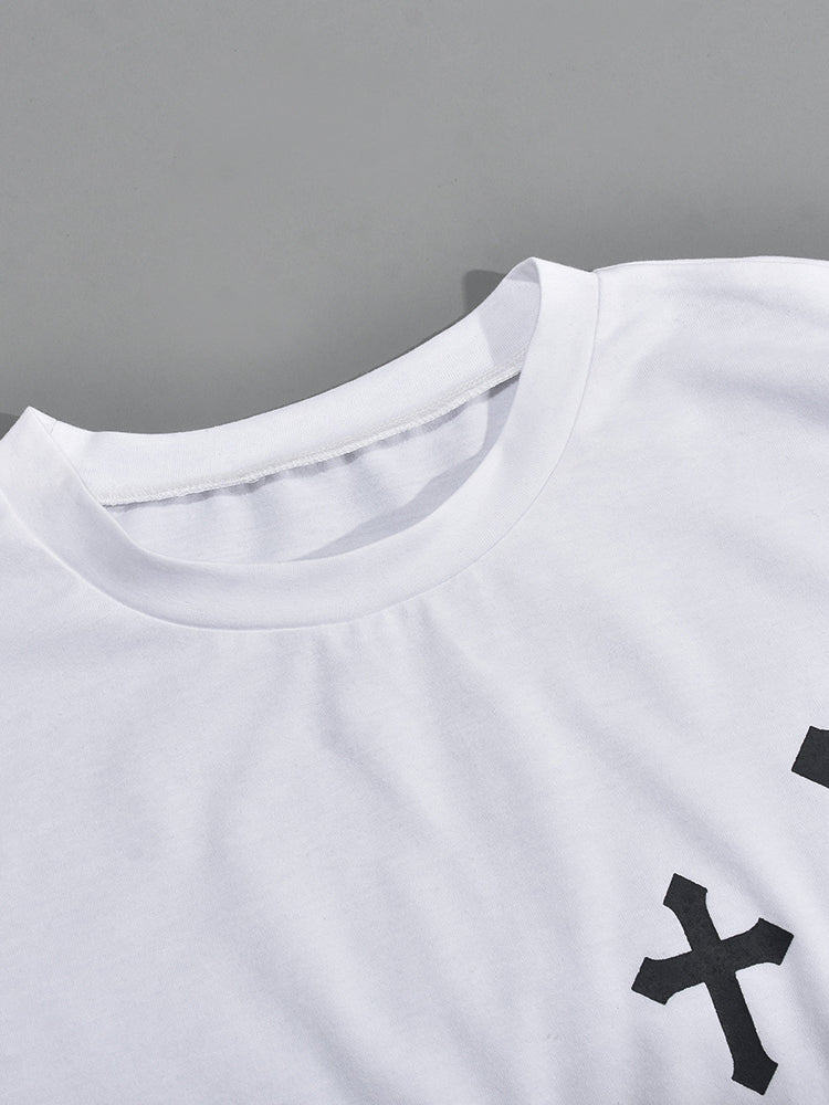 Two-Piece Cross Print Loose Crop Top and Pleated Skirt Set