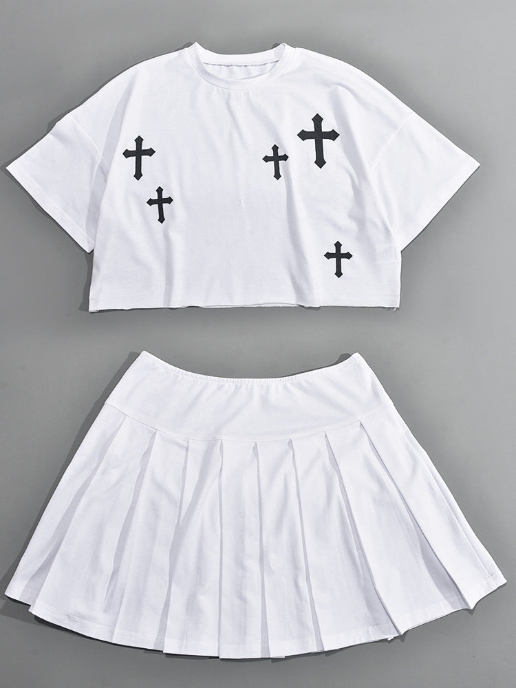 Two-Piece Cross Print Loose Crop Top and Pleated Skirt Set