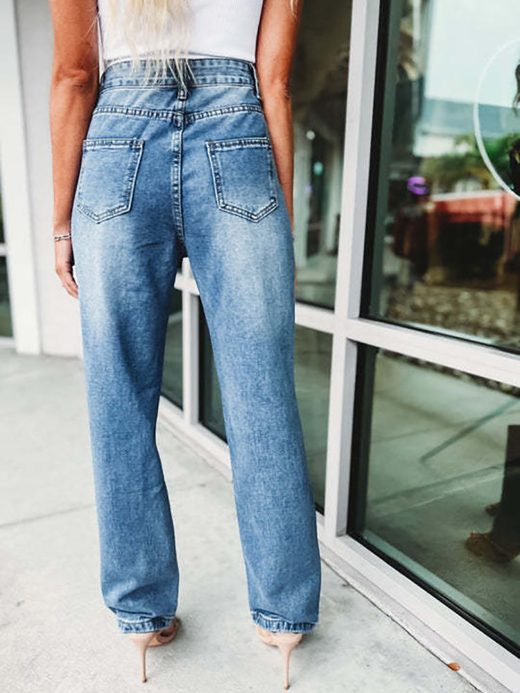 Distressed Rhinestone Chain Straight Leg Jeans