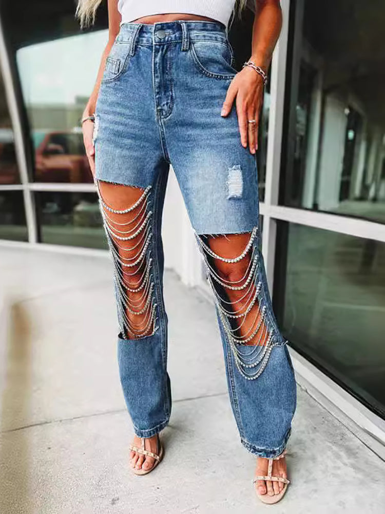 Distressed Rhinestone Chain Straight Leg Jeans