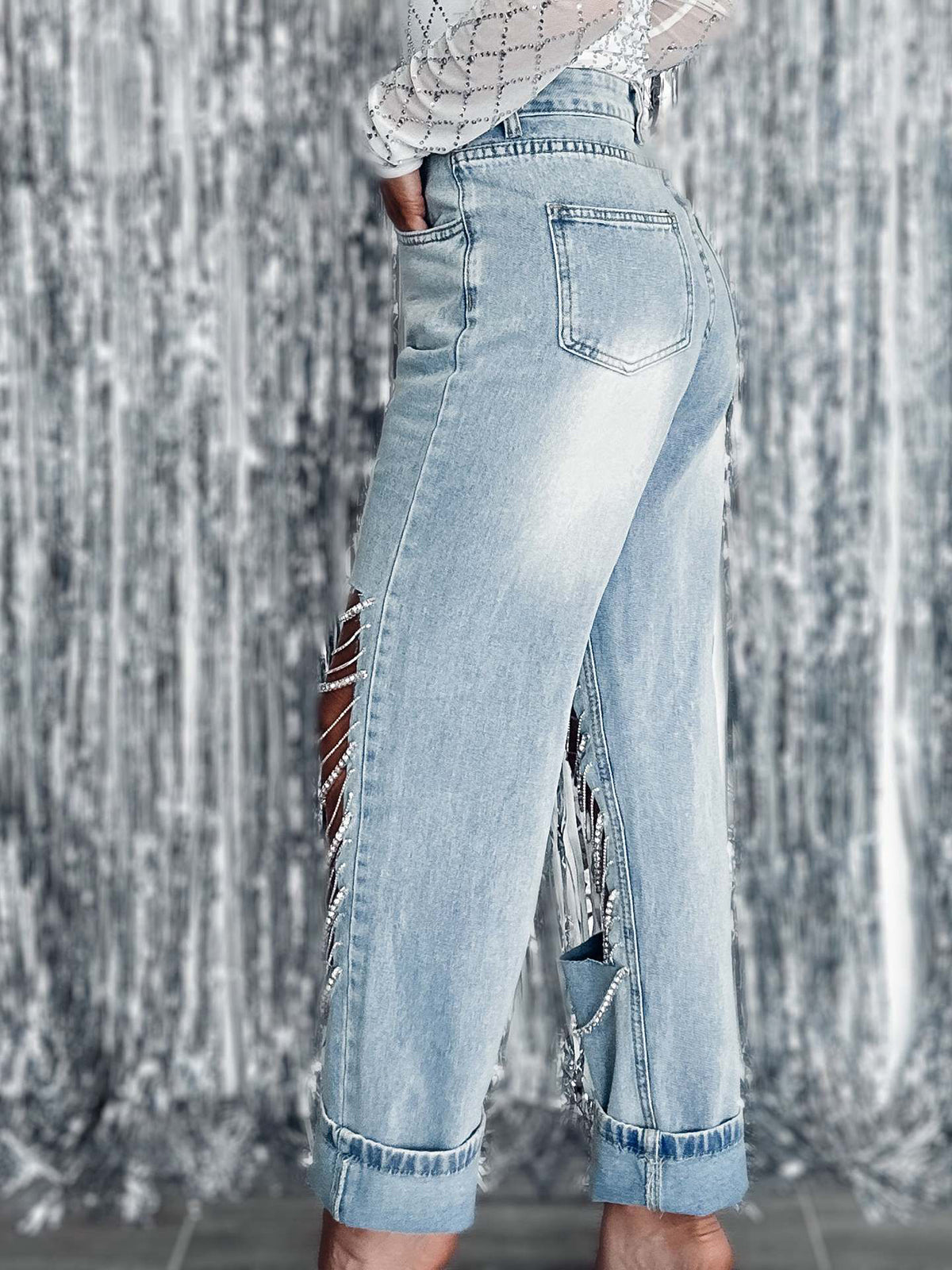 Distressed Rhinestone Chain Straight Leg Jeans