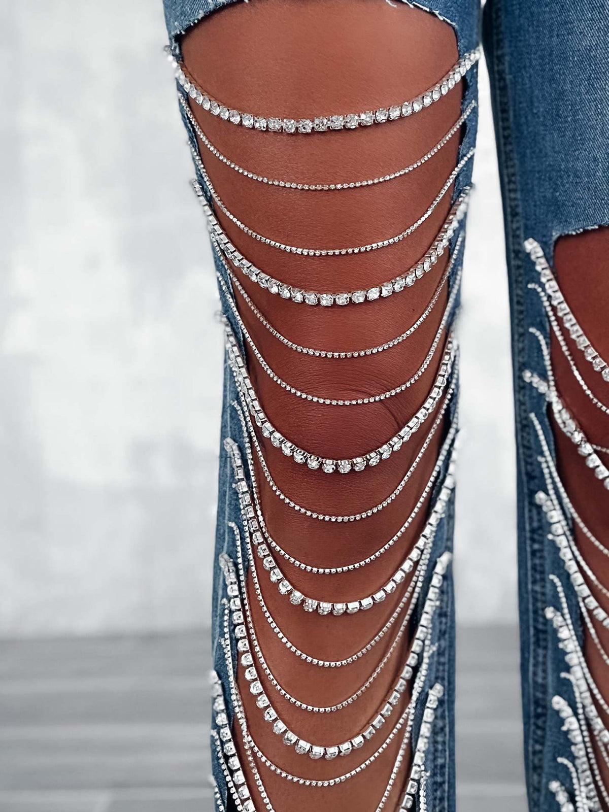 Distressed Rhinestone Chain Straight Leg Jeans