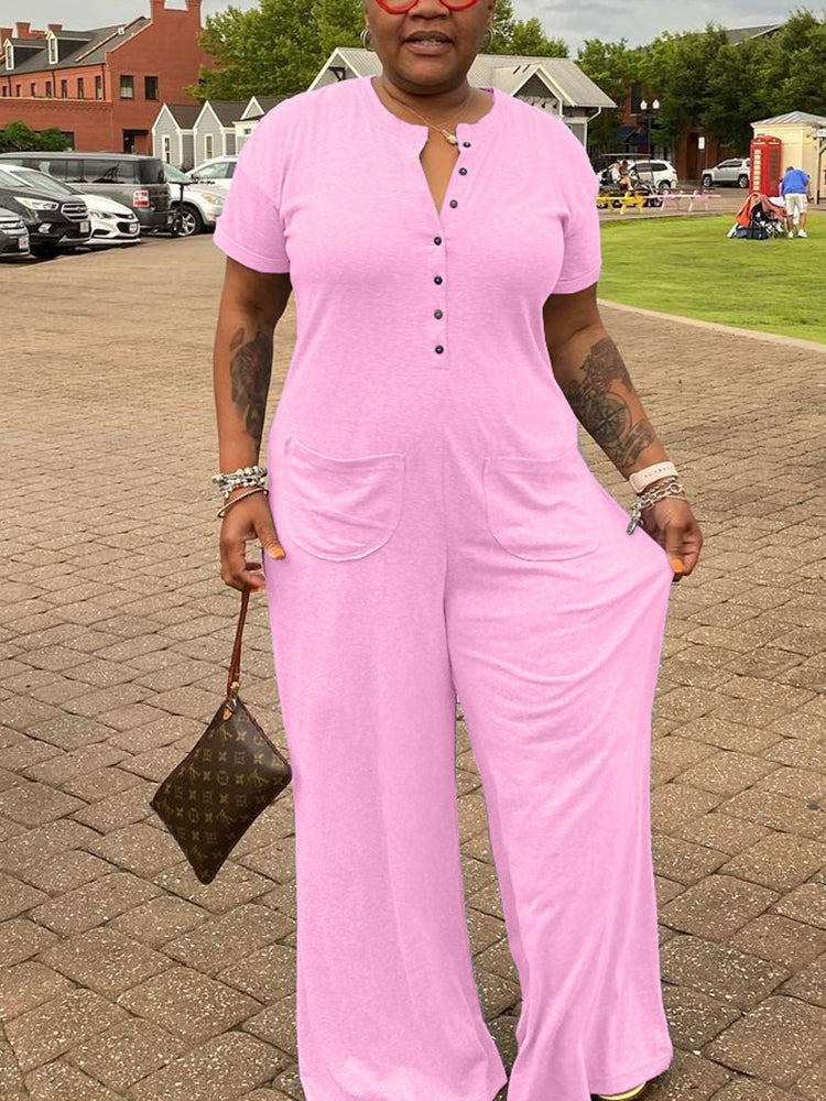 Plus Size Casual Solid Color Jumpsuit with Pockets