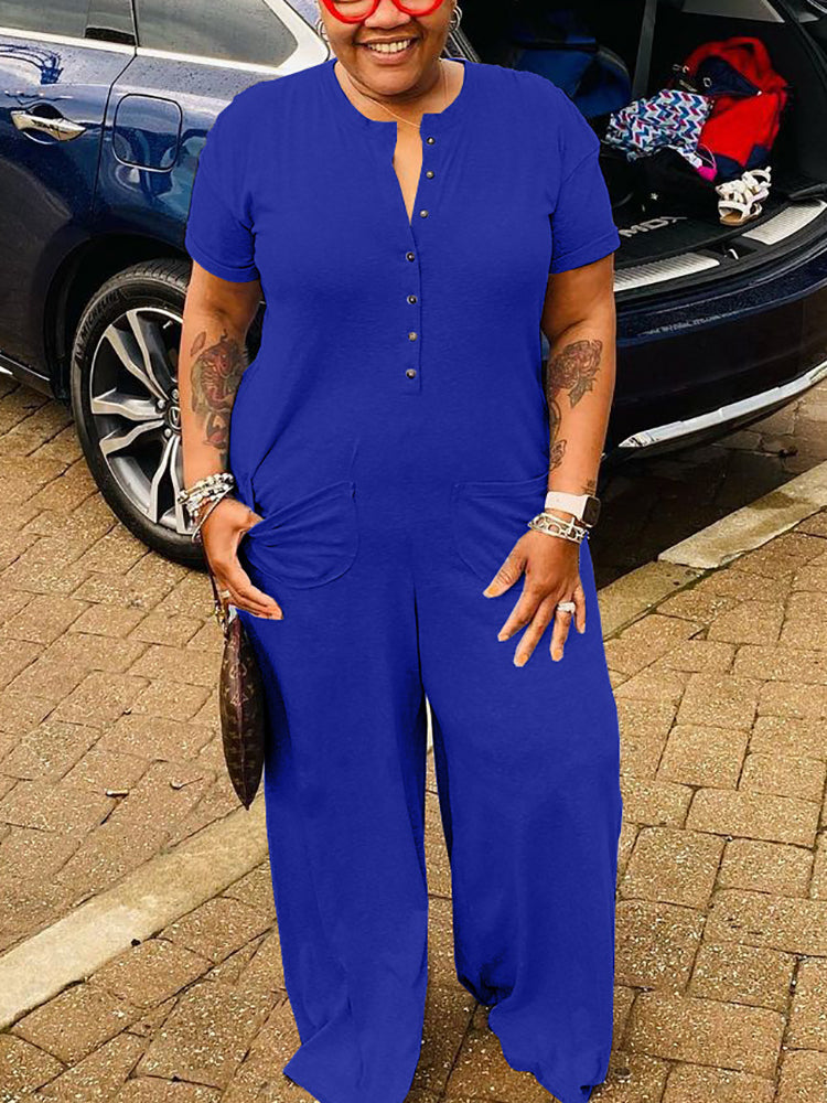 Plus Size Casual Solid Color Jumpsuit with Pockets
