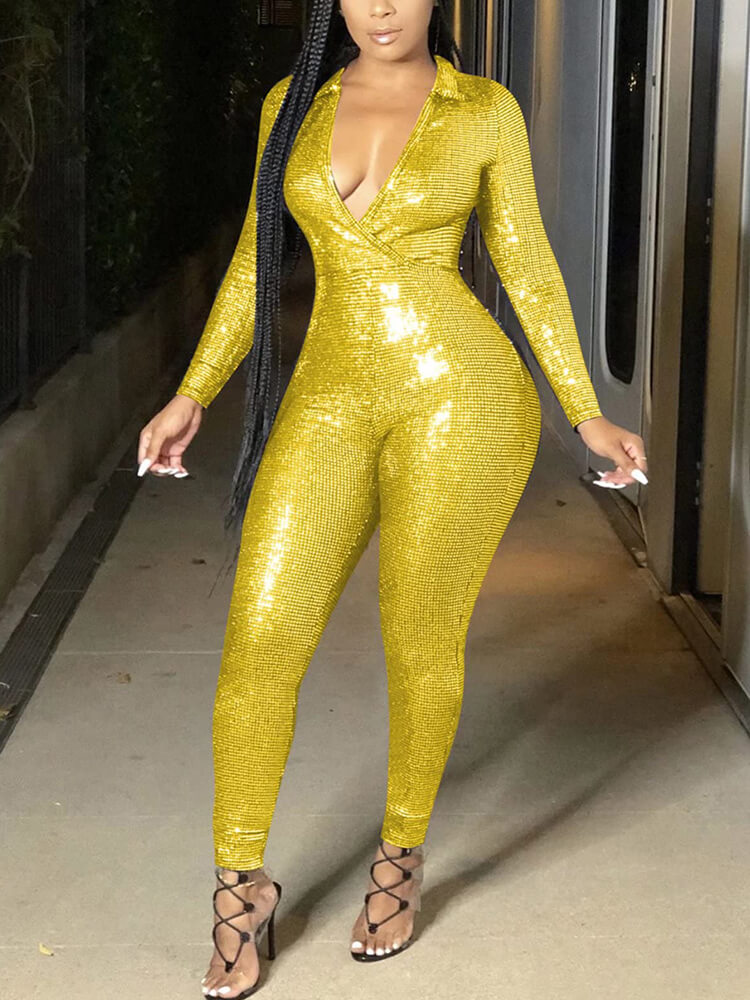 Sparkly Long Sleeve High Waisted Jumpsuit