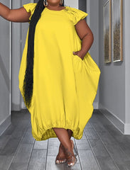 Plus Size Solid Color Ruffle Sleeve Maxi Dress