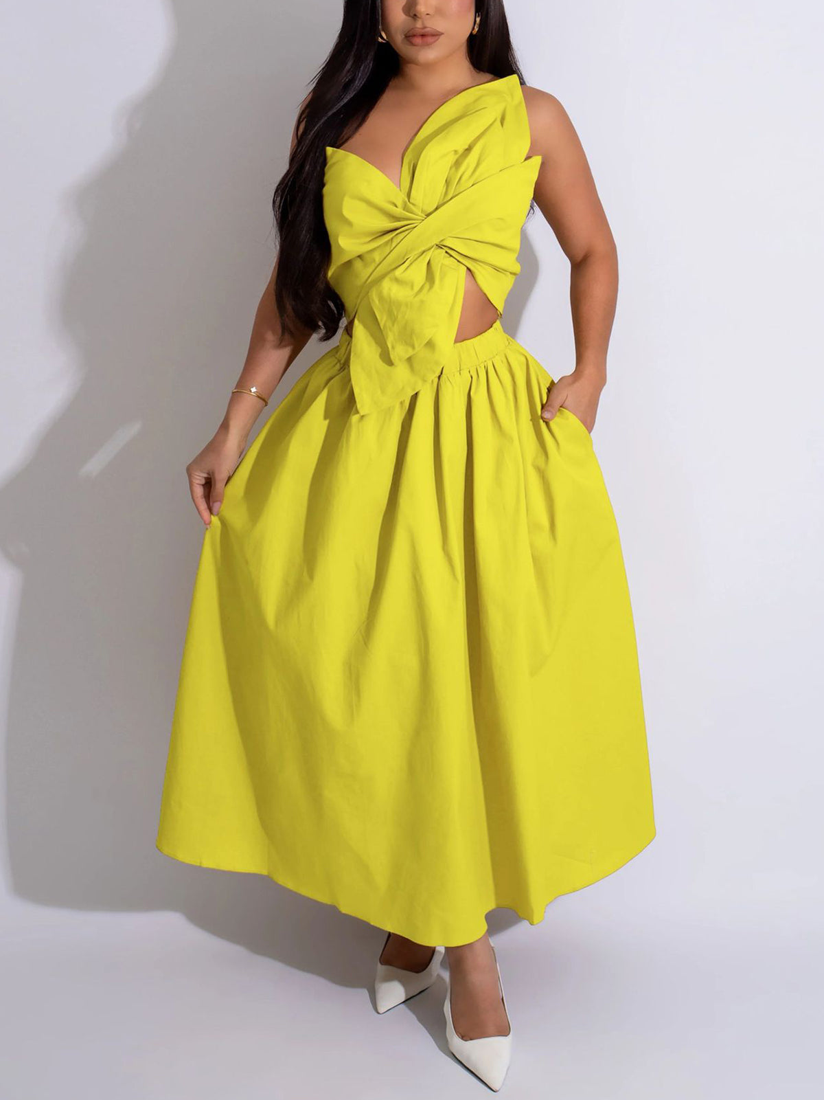 One-Shoulder Ruched Petal Cutout Dress