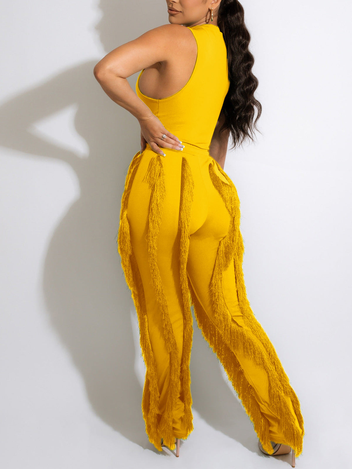 Two Piece Sleeveless Top Tassel Pants