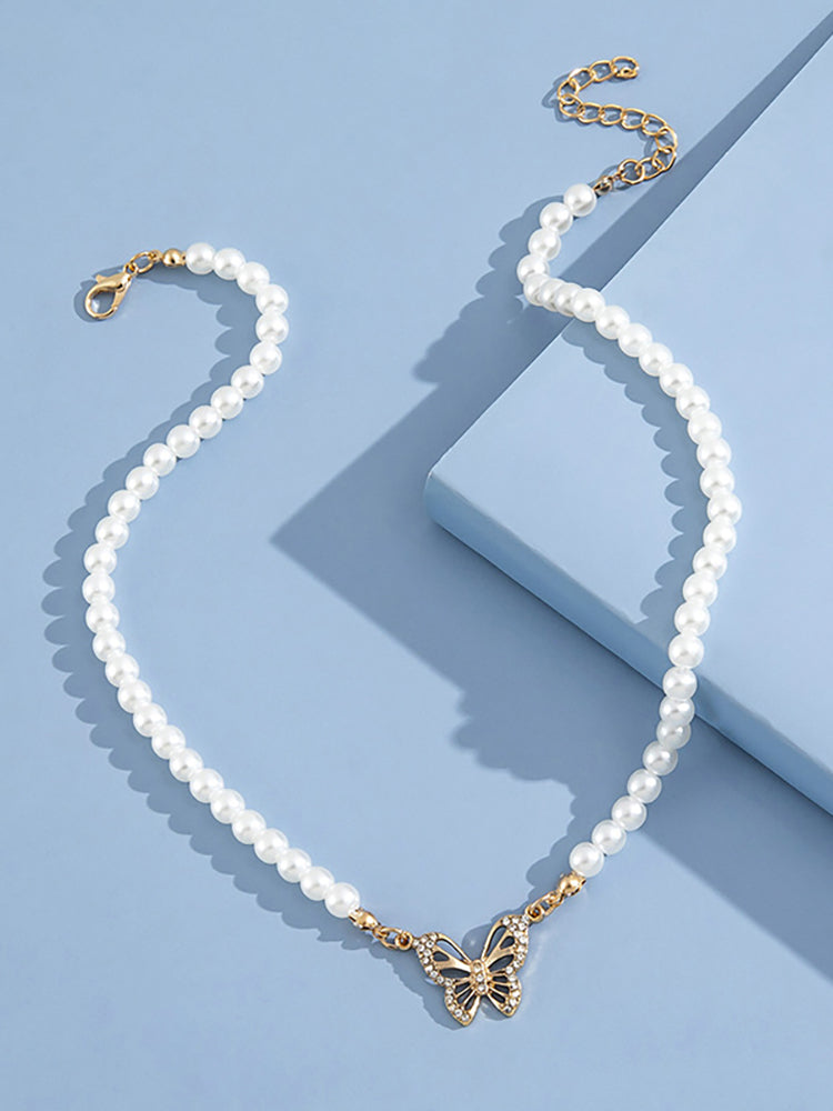 Pearl Butterfly Pendant Collar Necklace
