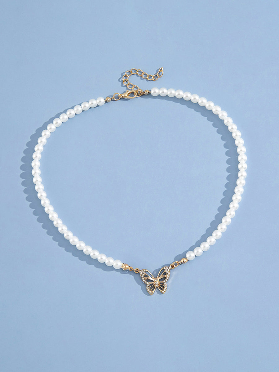 Pearl Butterfly Pendant Collar Necklace
