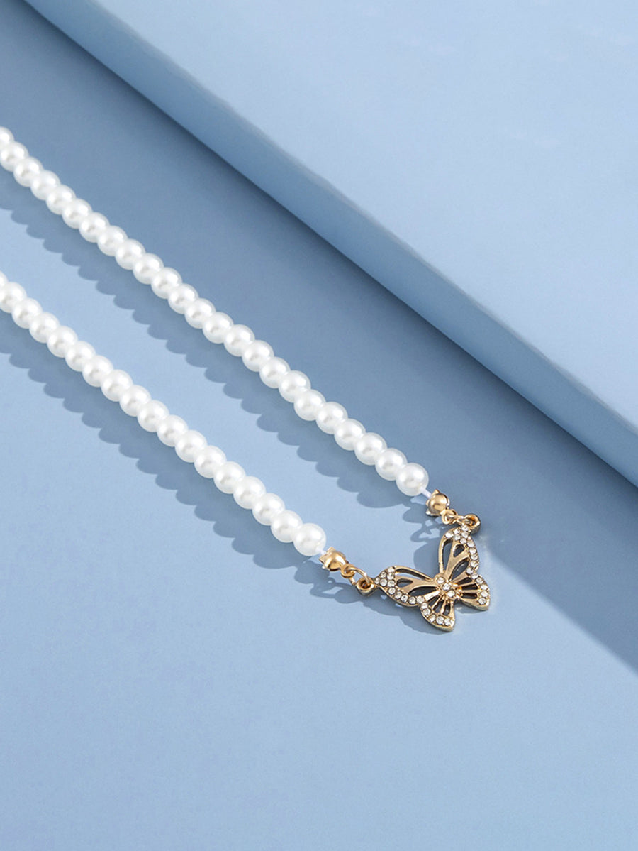 Pearl Butterfly Pendant Collar Necklace